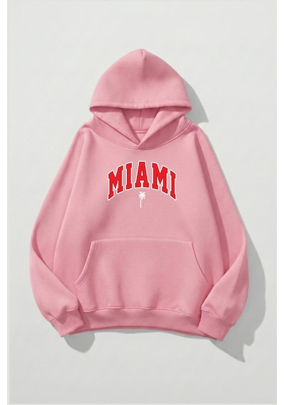 Uyguntarz Unisex Yumuşak Dokulu Miami Baskılı Tasarım Oversize 3 İplik Hoodie Sweatshirt Pembe