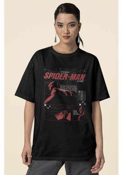 Tasarım Spiderman Örümcek Adam Baskılı Unisex Oversize Peter Park Siyah
