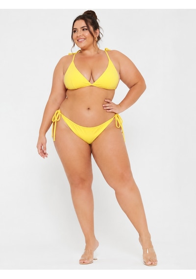 Büyük Beden Geniş Üçgen İpli Boyundan Bağlamalı Kruvaze Kadın Bikini Takım Sarı