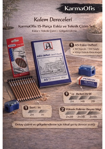 15 Parça Teknik Çizim Seti Spiralsiz A5 100gr Eskiz Defteri+12 Kalem+silgi+kalemtıraş