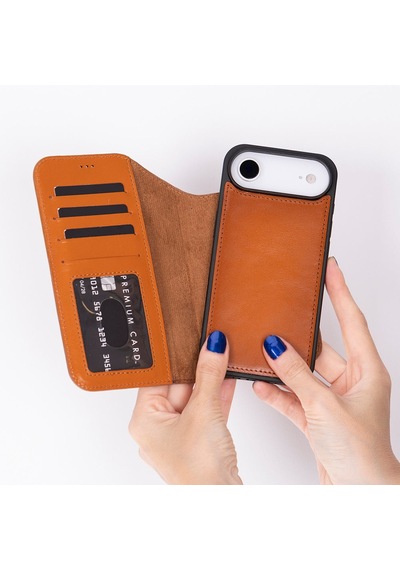 Bloomcase Magic Wallet Urban Tan Hakiki Deri Apple Uyumlu iPhone 17 Air 6.5" Cüzdanlı Telefon Kılıfı Taba