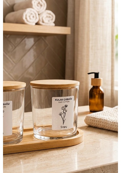 Bamio - Bambu Standlı Bambu Kapaklı Etiketli Banyo Düzenleyici Cam Banyo Seti Banyo Organizeri Açık Ahşap