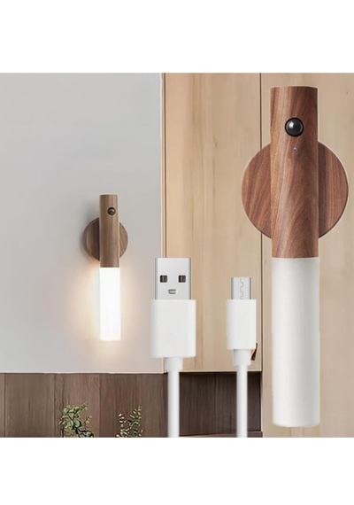 Modern Sensörlü Usb Şarjlı Mıknatıslı Taşınabilir Duvar Aplik Ahşap