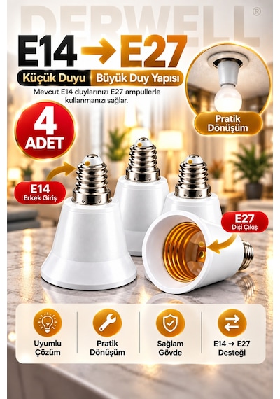 4 Adet E14'ten E27'ye Ampul Duy Dönüştürücü Adaptör - Küçük Duyuyu Büyük Duya Çevirici Aparat, Ev Ve Ofis İçi Pratik Aydınlatma Çözümü, Sağlam Ve Dayanıklı Gövde Yapısı