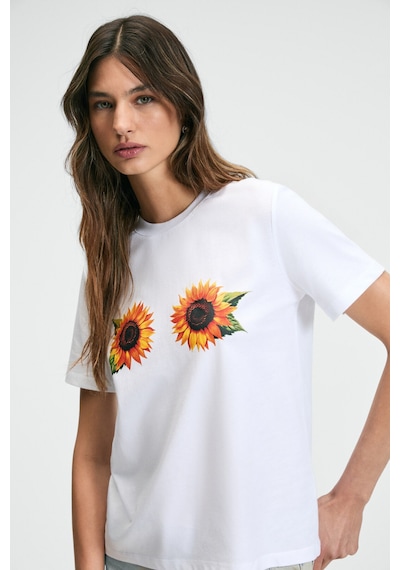 ETHIQUET KARIVA Kadın Bisiklet Yaka Kısa Kollu Ön Baskı Detaylı Regular Fit Beyaz / Desenli T-Shirt