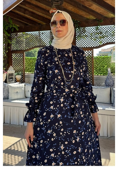 Rabia Şamlı Bihter Mavi Yapraklı Elbise Normal