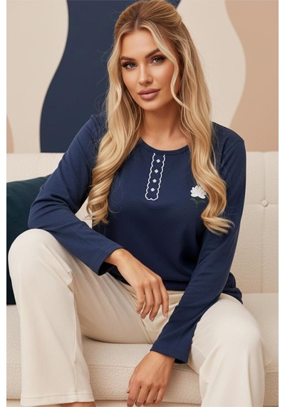 Siyah İnci Örme İnterlok Pijama Takım25226009 Lacivert Çiçekli