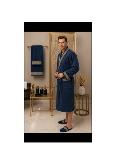 Premium %100 Pamuk Unisex Şalyaka Cepli Bornoz Seti 4 Parça Havlu Terlik Takımı Lacivert Lacivert