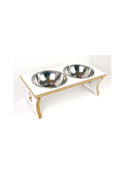 Köpek Su Ve Mama Kabı Standı - Büyük Irk - Beyaz Mdf - 2'li Model - Çelik Kase - 2 1000ml