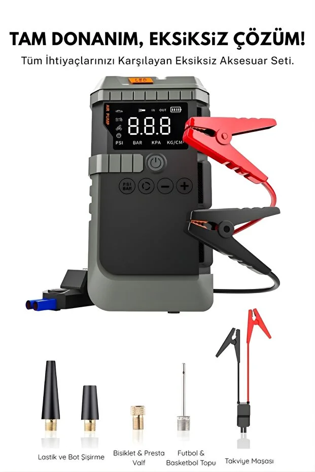 12000mah 4'ü 1 Arada Araç Akü Takviye Cihazı - Hava Kompresörü, Kablosuz Jump Starter & Powerbank