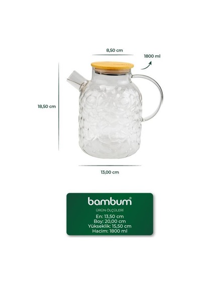 Bambum Juliet - Bambu Kapaklı Cam Demlik 1800ml Şeffaf