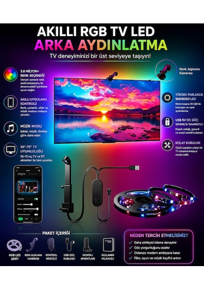 Techtic Kameralı Tv Arka Aydınlatması Led Şerit Ekran Ve Müziğe Senkronize Tv Ambiyans 55-75inç 5m
