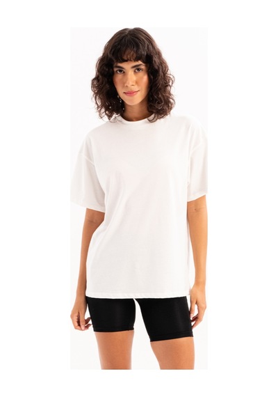 Justever 100% Pamuk Oversize Fit Bisiklet Yaka Ekru Kadın T-shirt - Halo Ekru