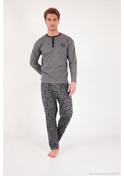 Buratti Desenli Pamuklu Düğmeli Bisiklet Yaka Pijama Takımı Erkek Pijama Takımı 6575002 Füme