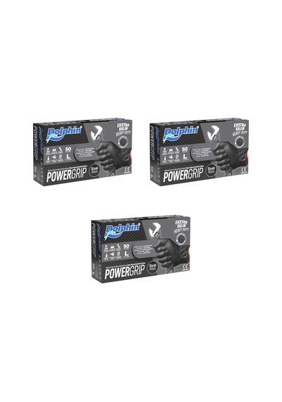 Dolphin Nitril Powergrip Ekstra Kalın Elmas Dokulu Eldiven Siyah Large Büyük Boy - 50'li 3 Paket