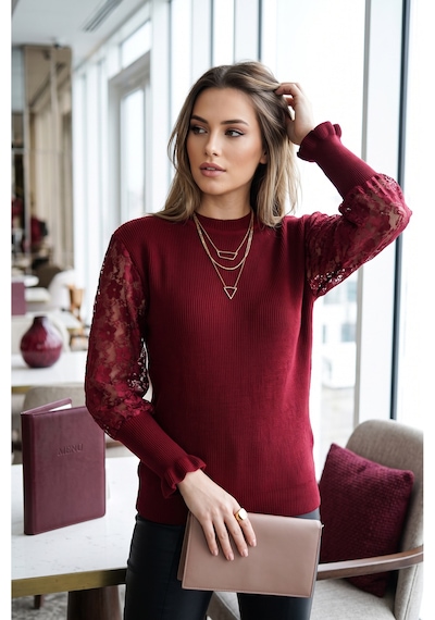 Sayzen Your Shine Kol Dantelli Basic Bisiklet Yaka Kadın Triko Kazak Bordo