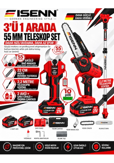 Eisenn Ultra Güç 55 Mm Dijital Makas + 22 Cm Otomatik Yağlamalı Dijital Testere +2.2 Mt Teleskop Süper Bahçe Seti