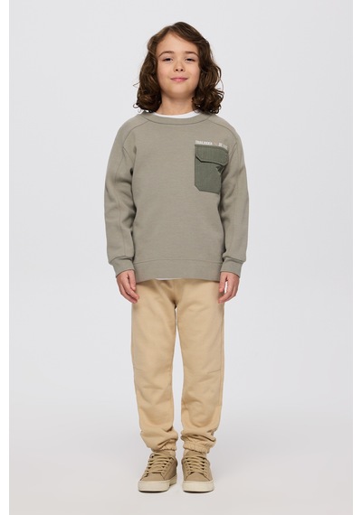 Panço Erkek Çocuk Yuvarlak Yaka Cepli Baskılı Parça Detaylı Antrasit Sweatshirt Gri