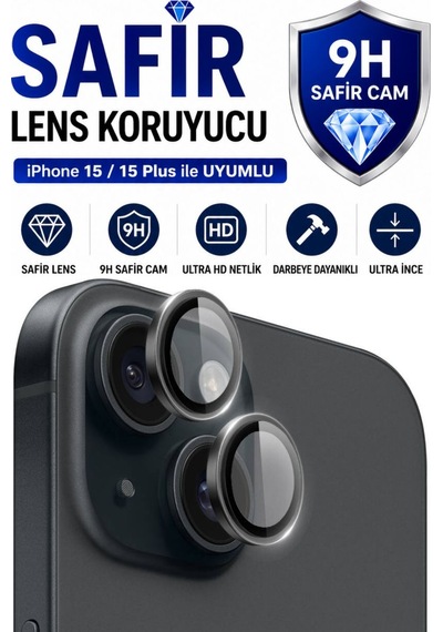 Apple iPhone Uyumlu  15 / 15 Plus Siyah Metal Kamera Lens Koruyucu Safir Cam Ultra Net Hd
