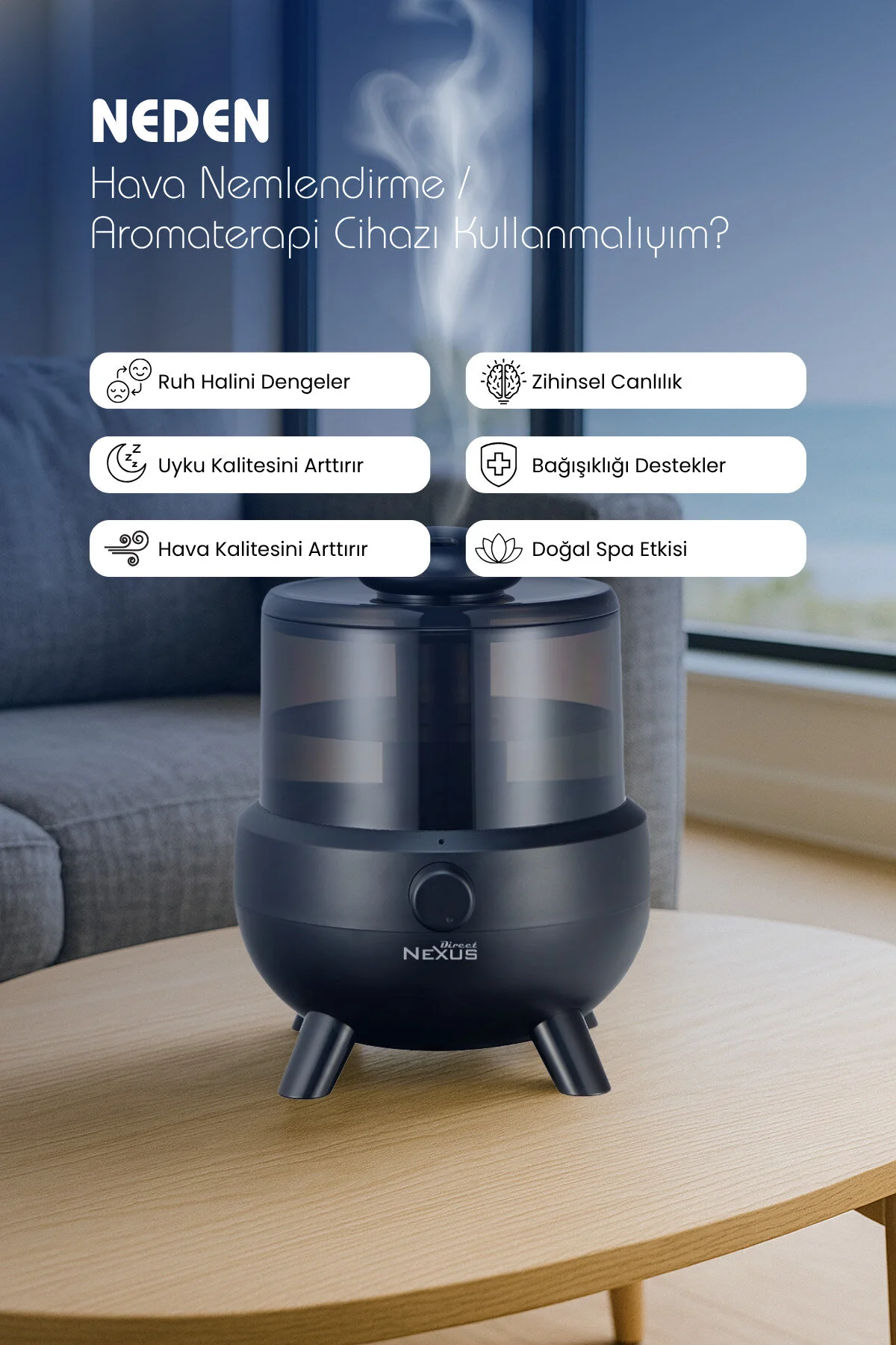 Direct Nexus Ultrasonik Buhar Makinesi Humudifier / Aromaterapi Cihazı Diffüzör 2 Litre 6 Kademeli - Siyah Renk