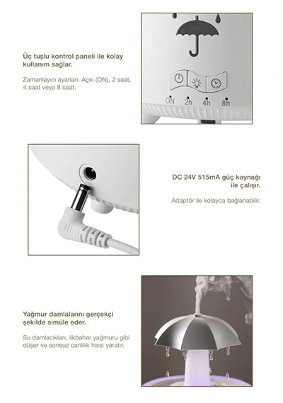 Şemsiye Tasarımlı 300 Ml Ultrasonik Aroma Difüzörü Led Yağmur Efektli Kumandalı Hava Nemlendirici