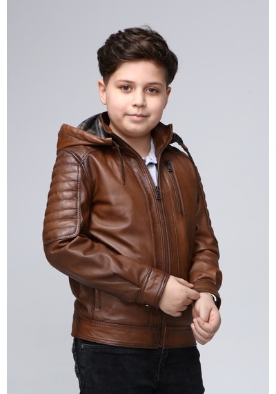 Erkek Kapşonlu Hakiki Deri Çocuk Mont (544735300) Taba