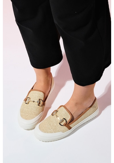 Luvishoes Barcelos Bej Hasır Tokalı Kadın Loafer Ayakkabı Bej
