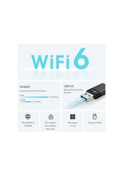 Archer Tx50u Ax3000 Wi-fi 6 Kablosuz Usb Adaptör 3000 Mbps Çift Bant Hız Usb 3.0 Dahili Sürücü Tak Çalıştır Wpa3 Güvenlik Mu-mımo & Ofdma Masaüstü Ve Laptop Uyumlu Alıcı
