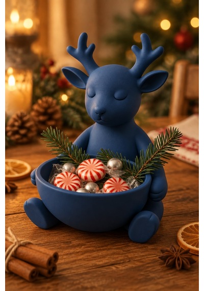 Ren Geyiği Figürlü Çok Amaçlı Kase Noel Sunum Kabı Lacivert