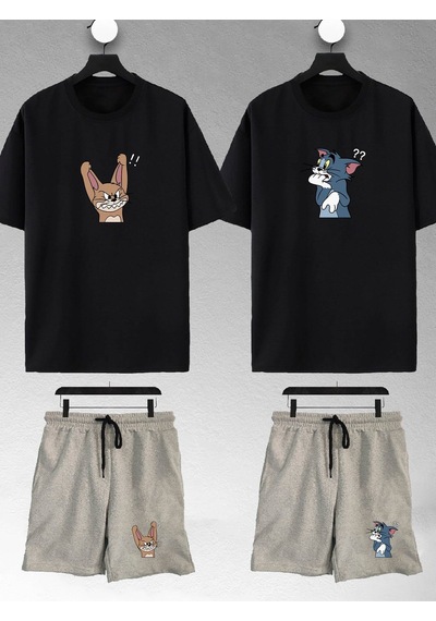 Unisex Kadın Sinirli Tom Ve Jerry Baskılı Sevgili Çift Kombini Tasarım Oversize Tshirt Ve Şort Siyah-gri Mck2320 Siyah-Gri