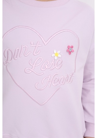 Toontoy Kız Çocuk Relax Fit Bisiklet Yaka Hafif Düşük Omuz Nakış Baskılı Sweatshirt - 2 İplik Açık Lila