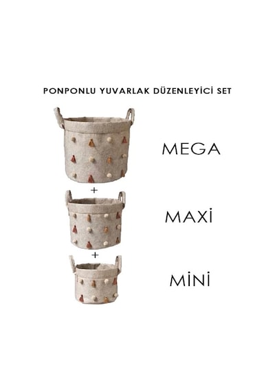 Katlanabilir Çok Amaçlı Ponponlu Yuvarlak Düzenleyici Saklama Kutusu Organizer Keçe Mini Boy - 03785 Lisinya Bej