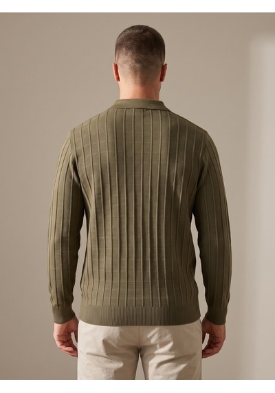 Maccali Erkek Haki Fitil Detaylı Fermuarlı Polo Yaka Triko Sweatshirt