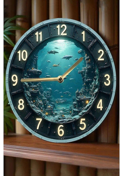 Derin Mavi Atlantis Zamanı 3d Duvar Saati Sdw262 Renkli