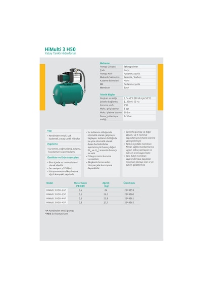 Wilo Himulti 3 H50-25p /hidrofor 50 Litre Tanklı / 4 Kat - 4 Daire - 0,75 Hp