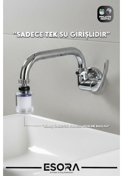Duvardan Tek Su Girişli Kireç Önleyici Lavabo Musluğu - Pamuk Filtreli Başlıklı Batarya Krom