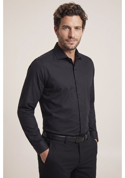 Slim Fit İtalyan Yaka Pamuklu Kolay Ütülenebilir Siyah Gömlek Gk 761