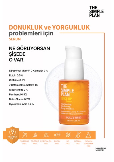The Simple Plan Juice Up Serum %3 Lipozomal C Vitamini + %0,5 Ektoin + %0,5 Kafein, Donuk Ve Yorgun Cilt, 30 Ml