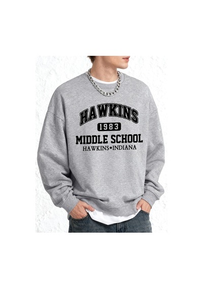 Startmore Tarzsokak Hawkins Ortaokul Erkekler İçin Baskılı Sweatshirt Oversize Kazak Sonbahar Sıcak O-yaka Spor G Gri