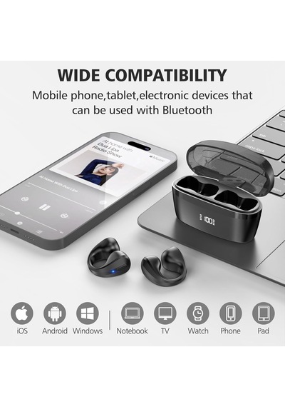 Kablosuz Kulaklıklar Bluetooth 5.3, Dahili Mikrofonlu Açık Kulak Klipsli Kulaklıklar, 30h Çalma Süresi, Şarj Kutu Genel