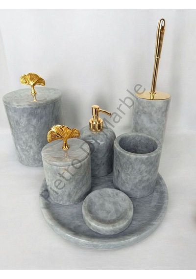 Gri Mermer Klasik Model 7 Parça Gold Renk Japon Gülü Aksesuarlı Banyo Seti Gri