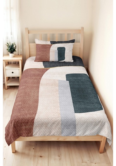 Geometrik Modern Gri Genç Odası Tek Kişilik Pike Takımı-pudra Ekru 160x220 Cm Kapitone Yatak Örtüsü Kışlık Mum Dengesi