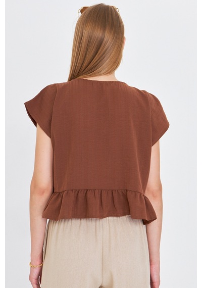 Armonika Kadın Açık Kahve Yarasa Kol Yakası Bağlamalı Eteği Fırfırlı Oversize Crop Bluz Arm-24y001088 Açık Kahverengi