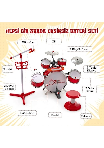 Mikrofonlu Işıklı Sesli Bateri Seti - Piyanolu Tabureli Bagetli Eğitici Çocuk Bateri Takımı Kırmızı