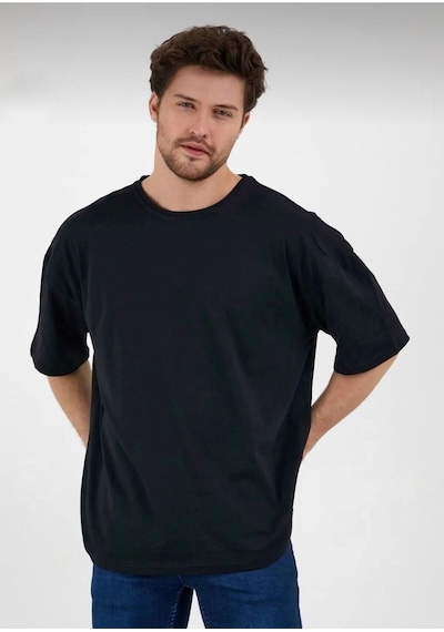 Erkek Oversize Pamuklu Bisiklet Yaka Kısa Kollu T-shirt SIYAH
