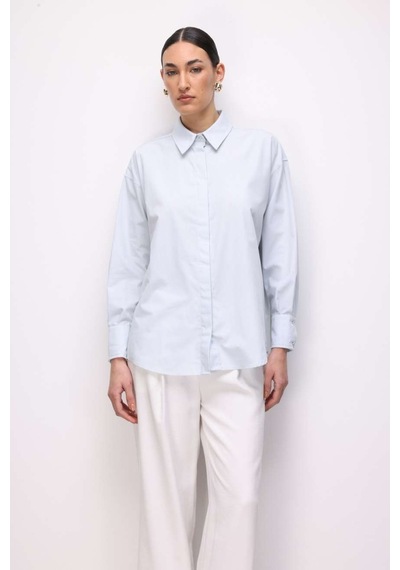 Mizalle Pamuklu Mavi Oversize Gömlek Mavi