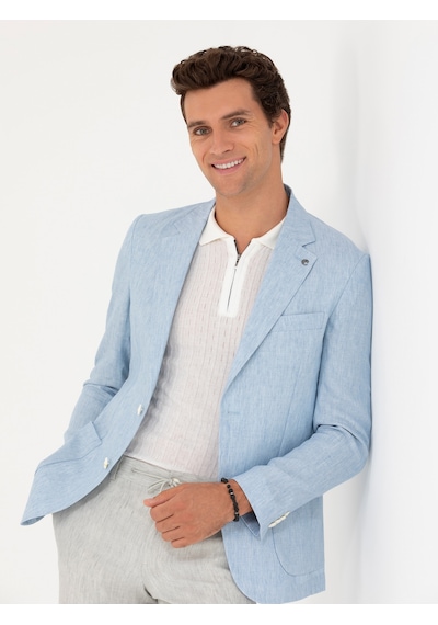Cacharel Açık Mavi Slim Fit %100 Keten Ceket Denim