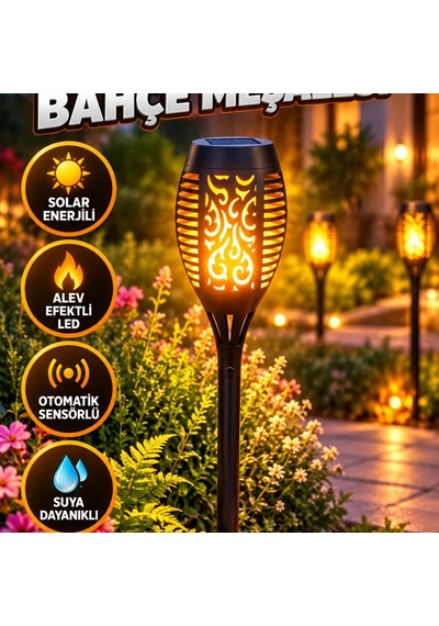 Solar Bahçe Meşalesi Alev Efektli Led, Otomatik Sensörlü Ve Suya Dayanıklı Dış Mekan Lambası