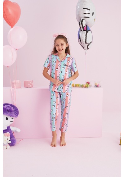 Siyah İnci Lisanslı %100 Pamuk Çok Renkli Düğmeli Pijama Takım