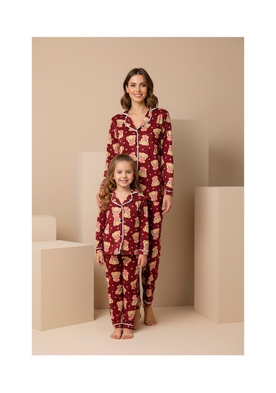 Rindahomewear Anne-kız Ayıcık Desenli Düğmeli Örme Uzun Kollu Pijama Takımı Bordo